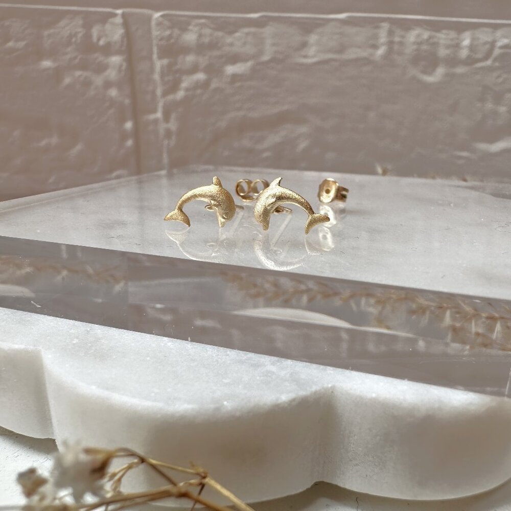 Cute Small Satin Gold Dolphin Stud Earrings | 14k Gold Plated Sterling Silver